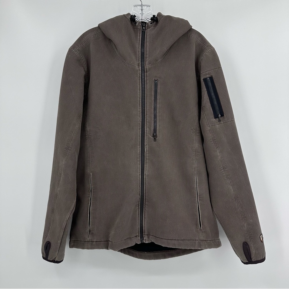 Kuhl Fleece Lined Soft Shell Hooded Jacket Mini Check Brown Size M